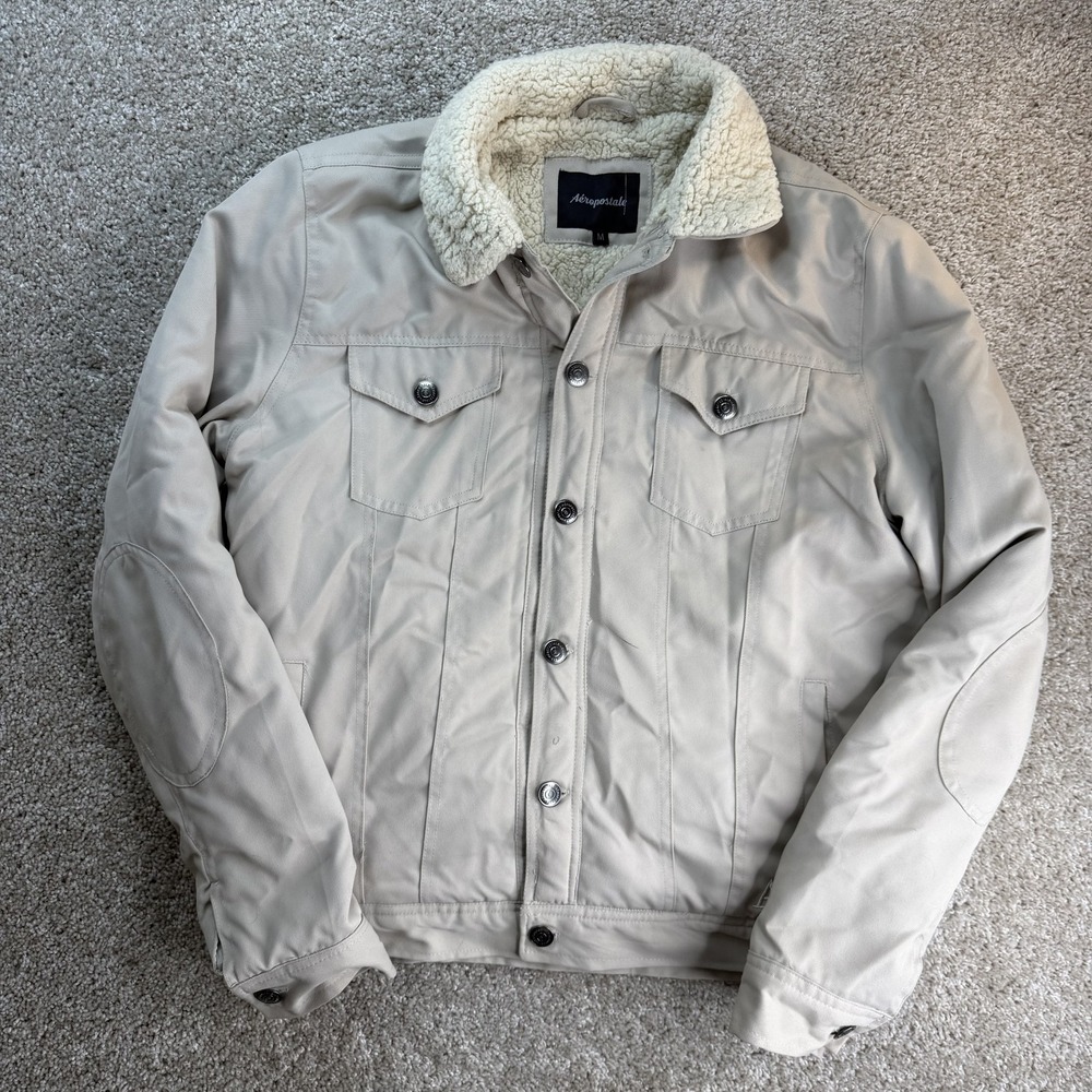 Aeropostale Jacket Womens M Beige Sherpa Lined Button Bomber Fleece Collar